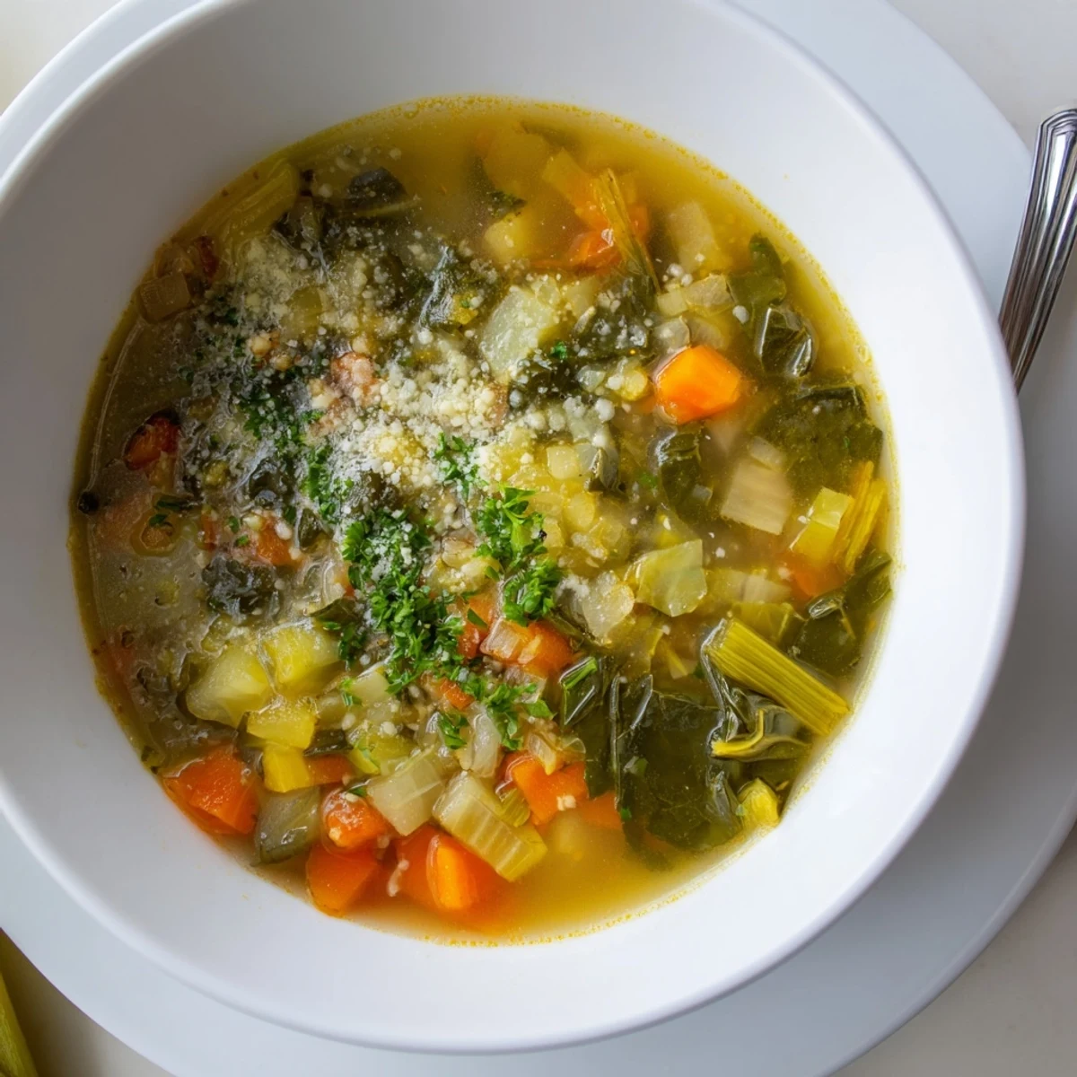 Une assiette de soupe au chou frisé avec un parmesan râpé, un filet d’huile d’olive et une garniture de persil frais dans un bol rustique.
