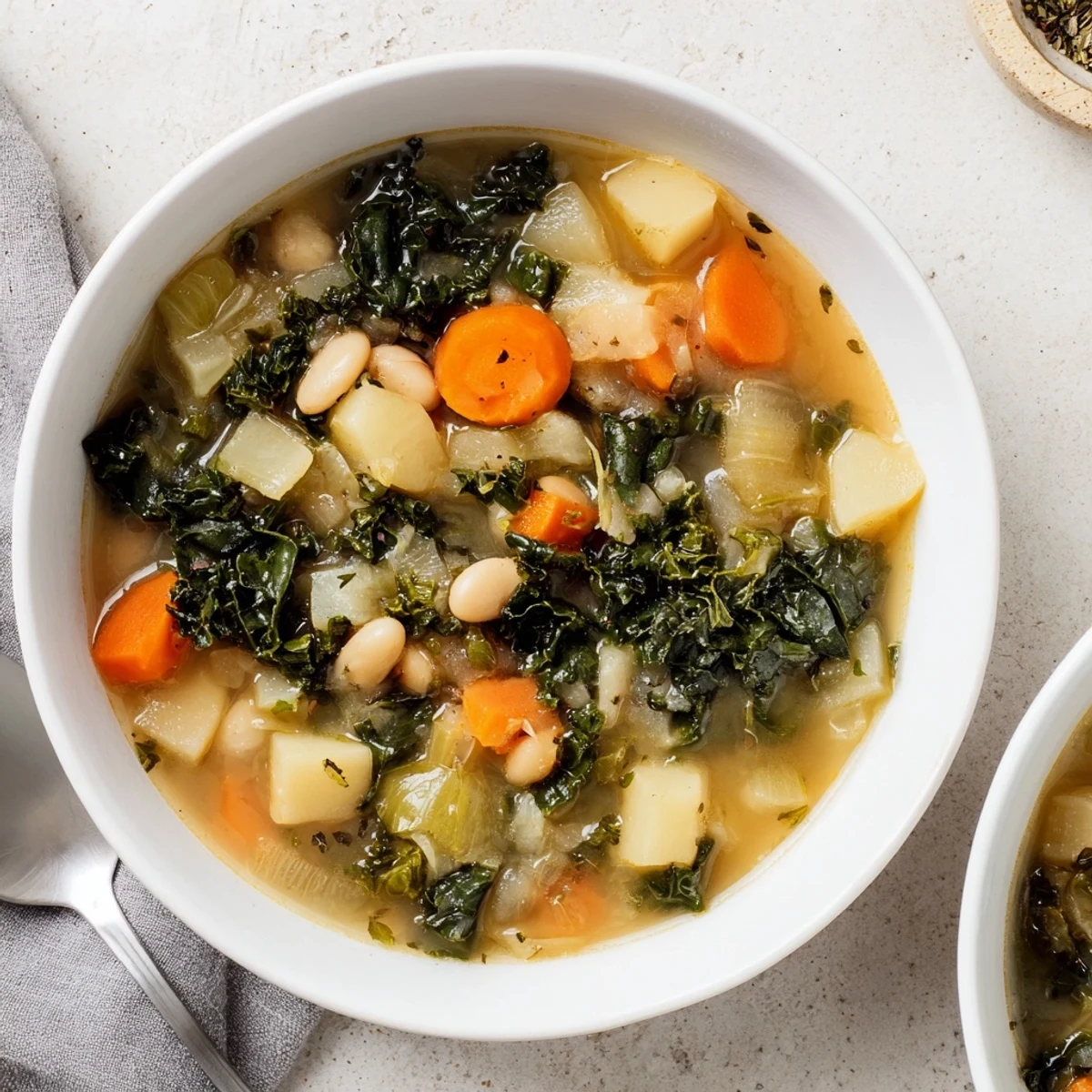 Une assiette de soupe aux légumes Kale, garnie de carottes croquantes et de haricots blancs nappés de jus de citron.