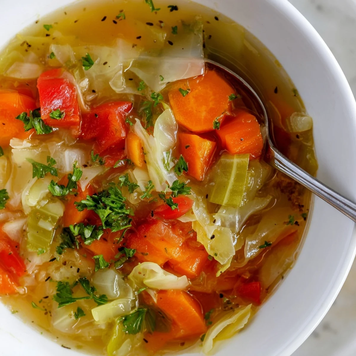 Une marmite fumante de soupe au chou vert avec carottes et céleri, garnie de persil frais.