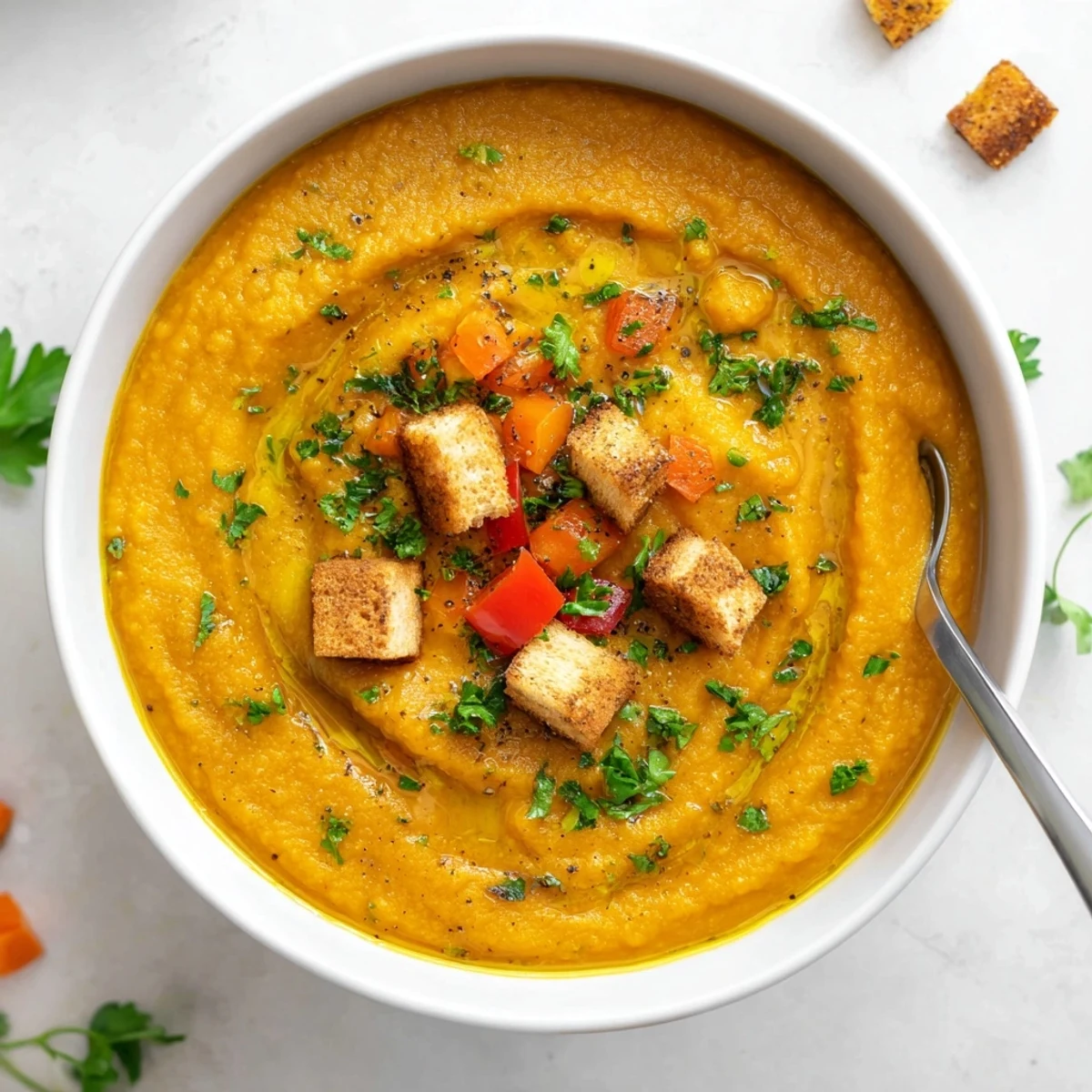 Assiette généreuse de soupe de légumes rôtis, agrémentée de persil frais et d'une texture soyeuse à souhait.
