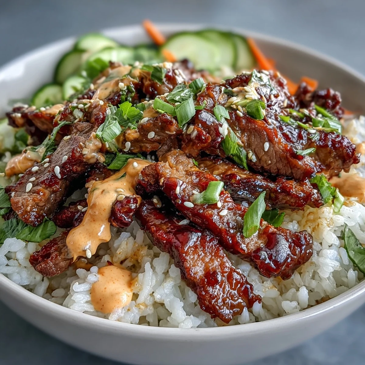 Savoureux bol de riz avec steak tendre, légumes croquants et sauce crémeuse piquante, parfait pour un dîner.