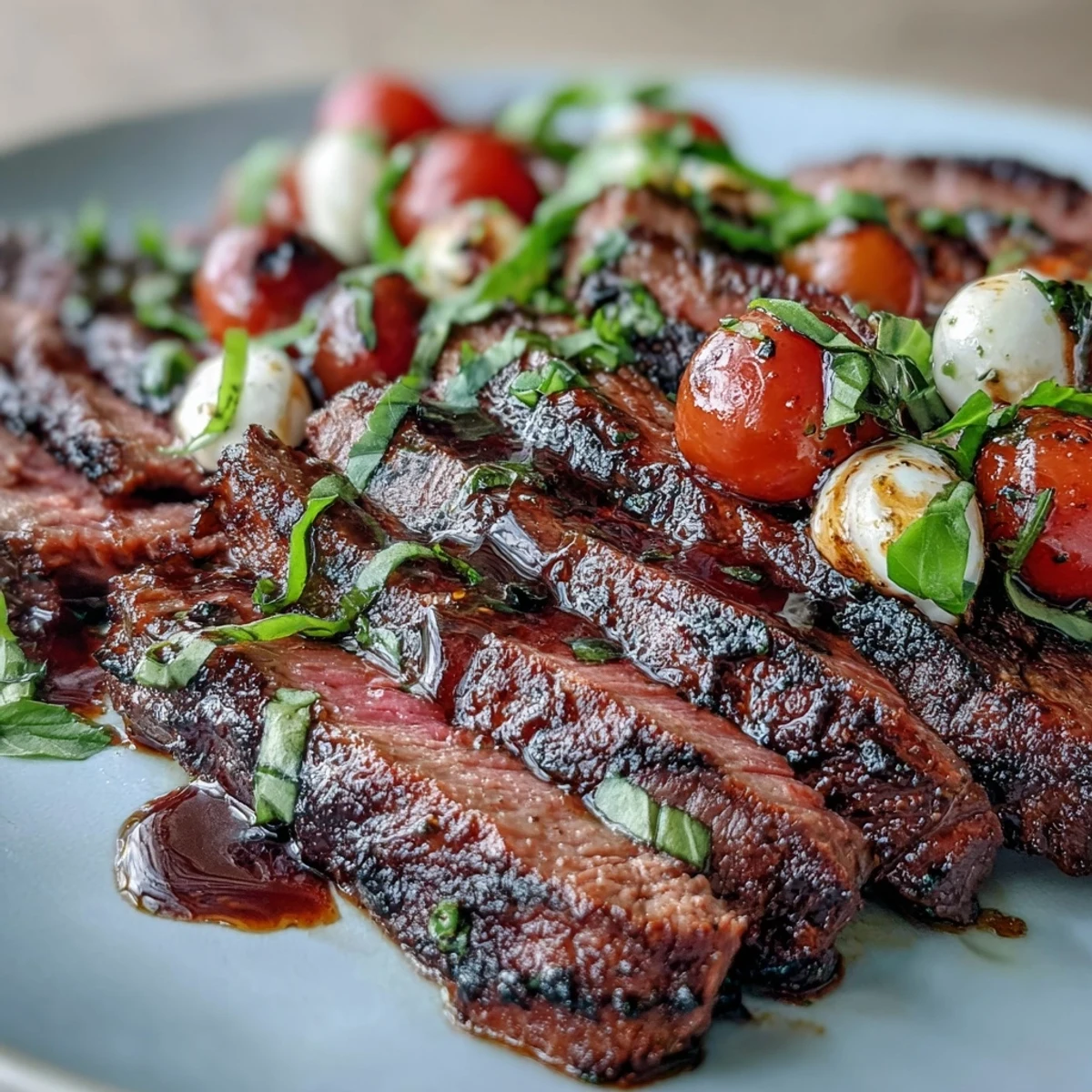 Grilled flank steak caprese with juicy cherry tomatoes, creamy mozzarella, and fresh basil on a platter.