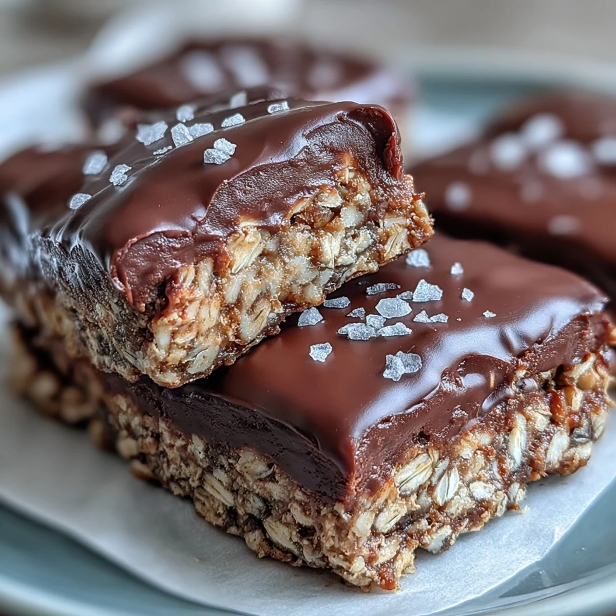 No-Bake Peanut Butter Protein Bars with melted chocolate and a hint of sea salt, ready to enjoy.