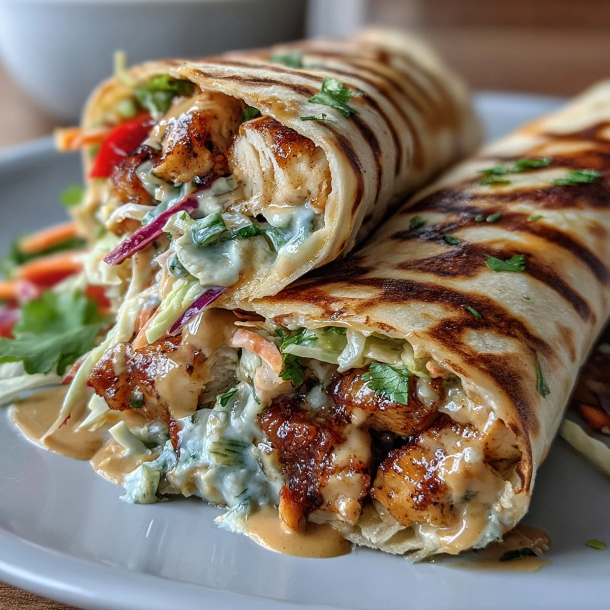 Les wraps au poulet au beurre de cacahuète thaïlandais garnis de légumes croquants, de carottes râpées et de coriandre fraîche, sur une planche en bois rustique.