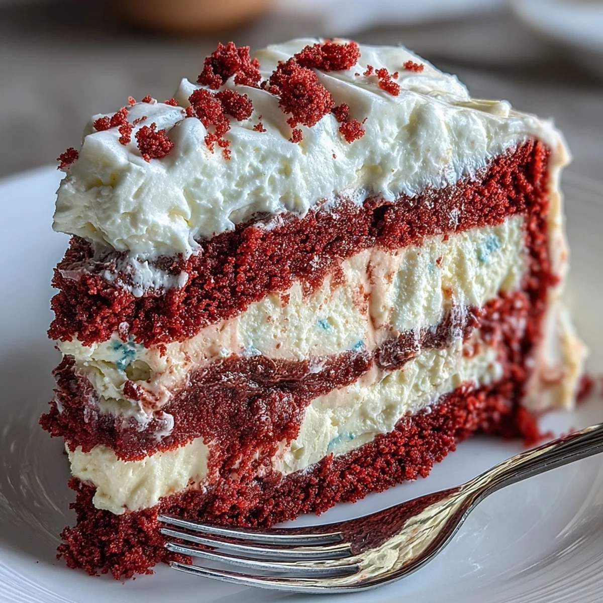 Tranche de Red Velvet Cheesecake aux couches distinctes, parfaite pour une fête.
