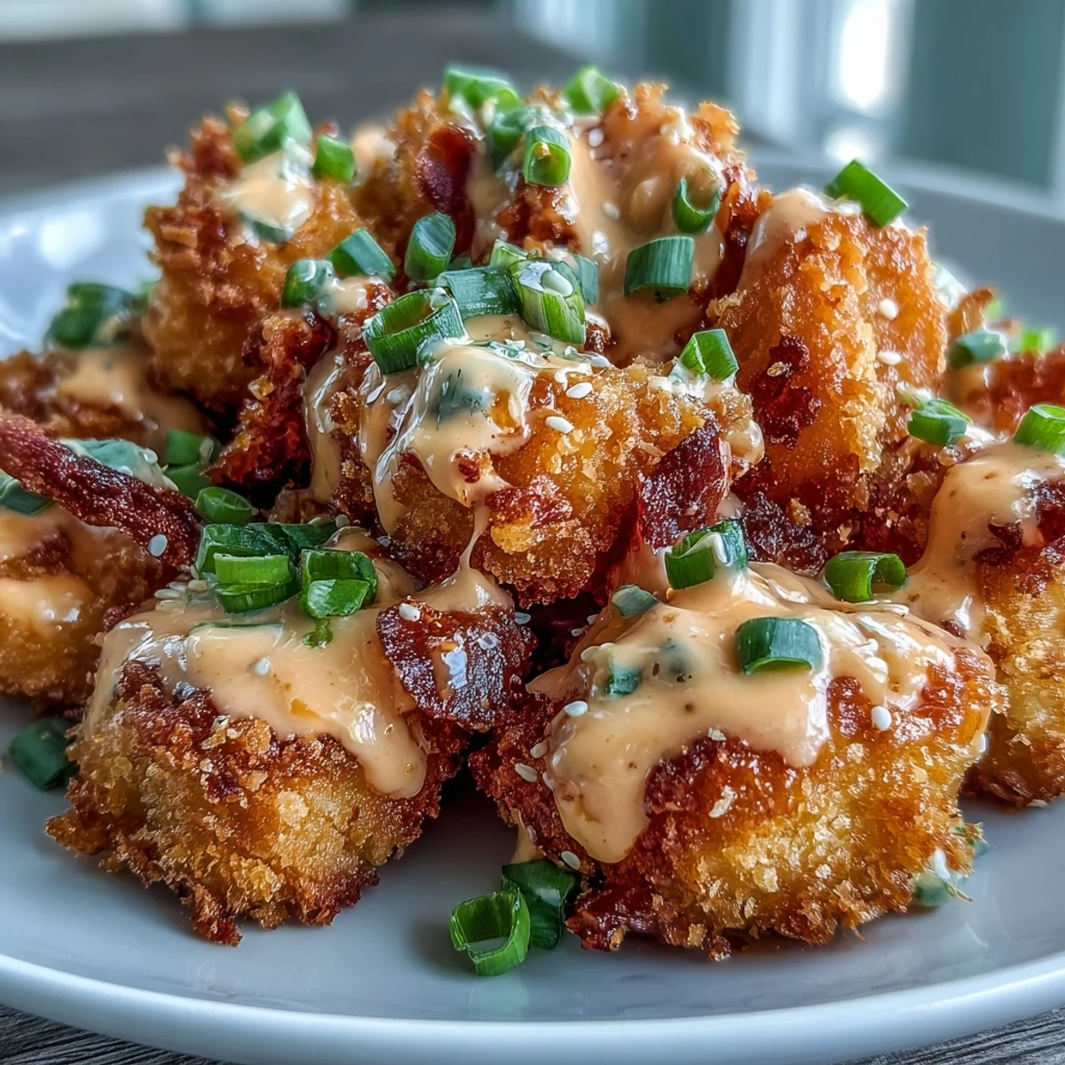 Croustillants morceaux de saumon Bang Bang nappés de sauce crémeuse épicée et sucrée, garnis de graines de sésame et d'oignon vert sur un bol de riz.