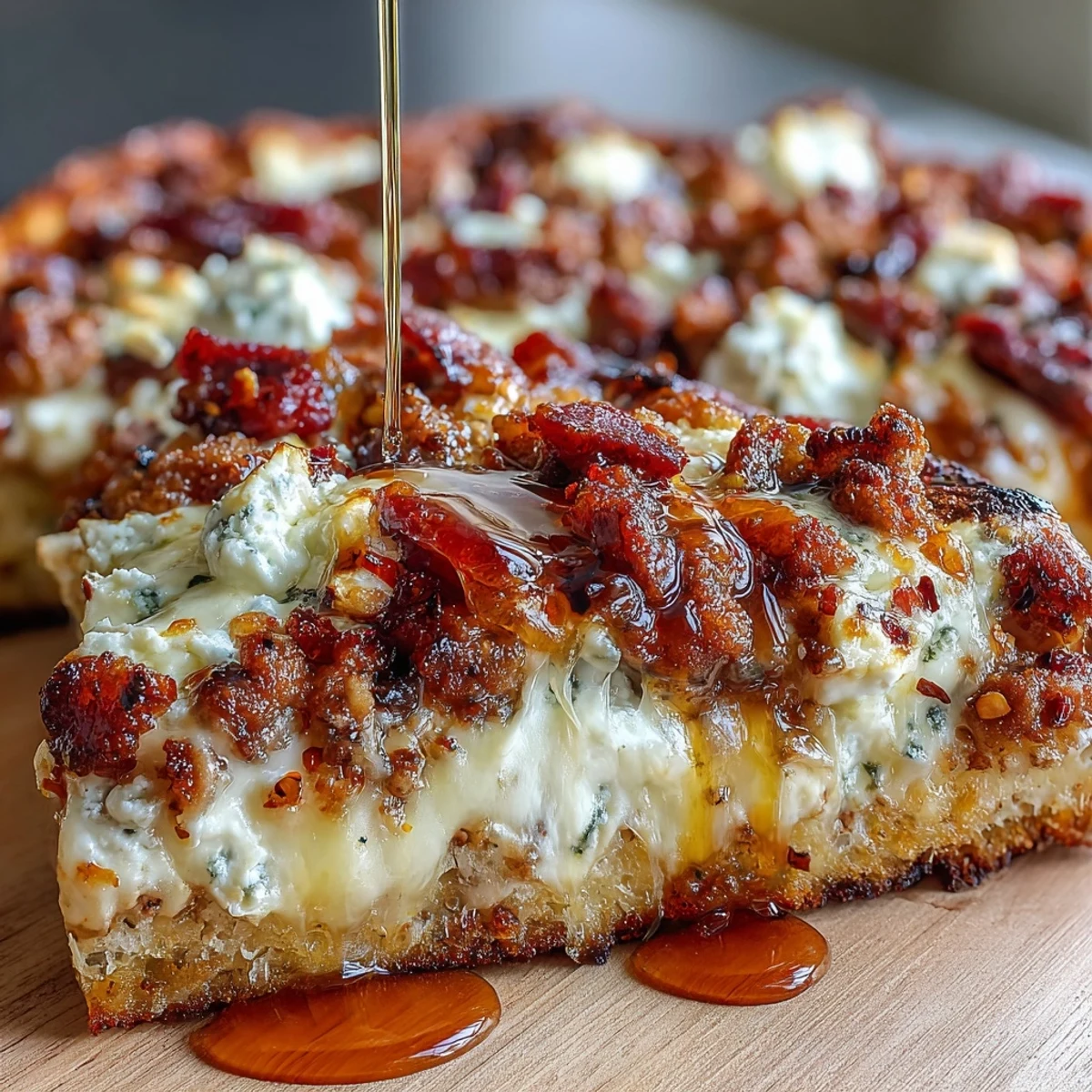 Rondelle de Sausage Ricotta Honey Hot Pizza au four, établie sur une pierre à pizza, mozzarella fondante, ricotta crémeuse et basilic frais.