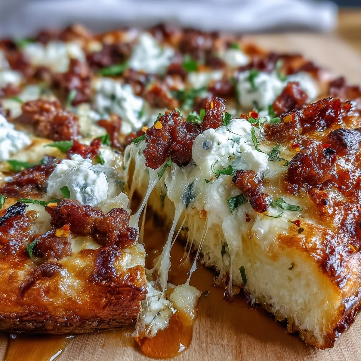 Part de Sausage Ricotta Honey Hot Pizza bien coupée, coulées de mozzarella étirées, sauce tomate rubis et feuilles de basilic parfumées.