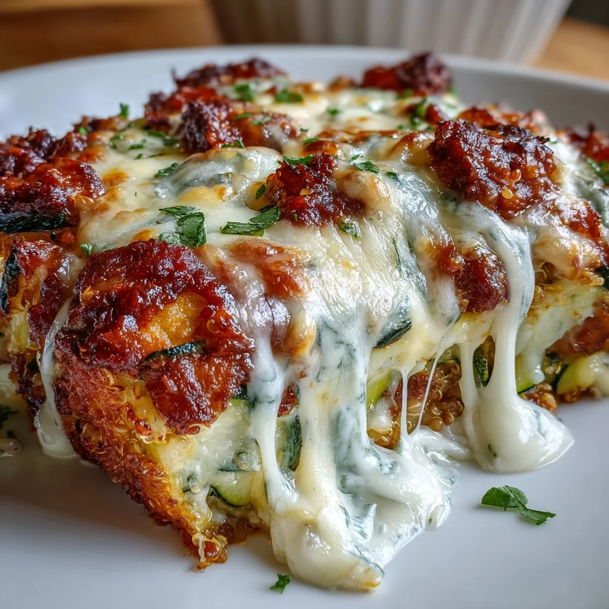 Le High Protein Chicken Zucchini Bake sort du four avec un fromage doré et fondant, prêt à être partagé.