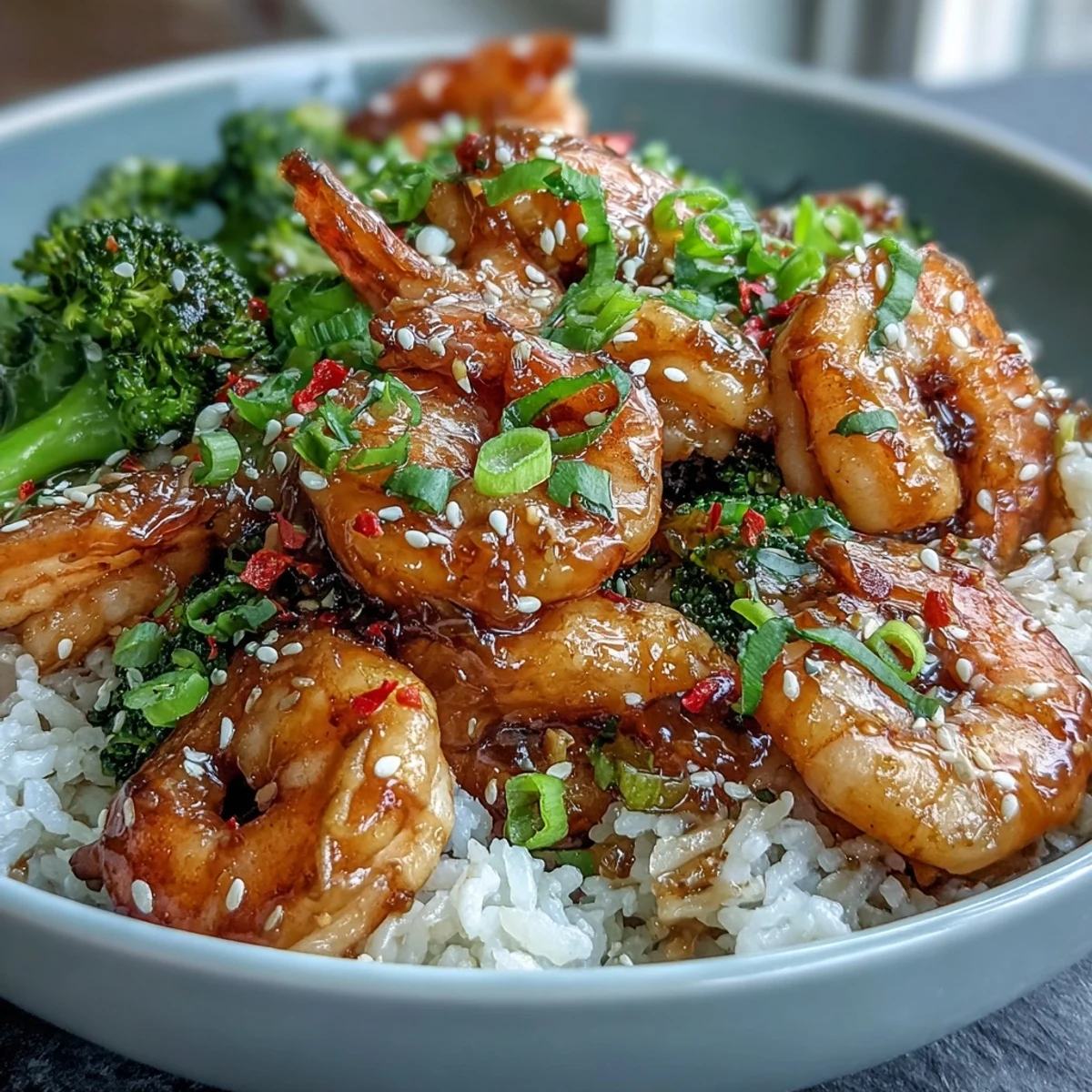 A close-up of Honey Garlic Shrimp bowls, topped with sesame seeds and sliced green onions.  