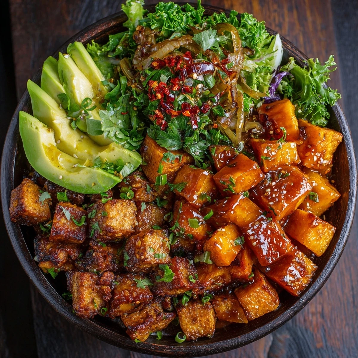 Plongez dans ce Sweet Potato Burger Bowl savoureux, avec une garniture de concombres acides, de tomates rouges juteuses et une touche de sauce burger onctueuse pour une bouchée parfaite.