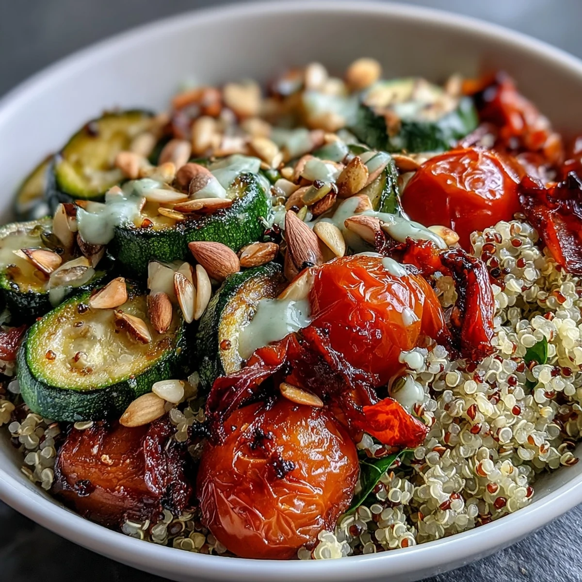 Boule d'énergie aux légumes et quinoa, débordant de légumes rôtis colorés et vinaigrette vive.