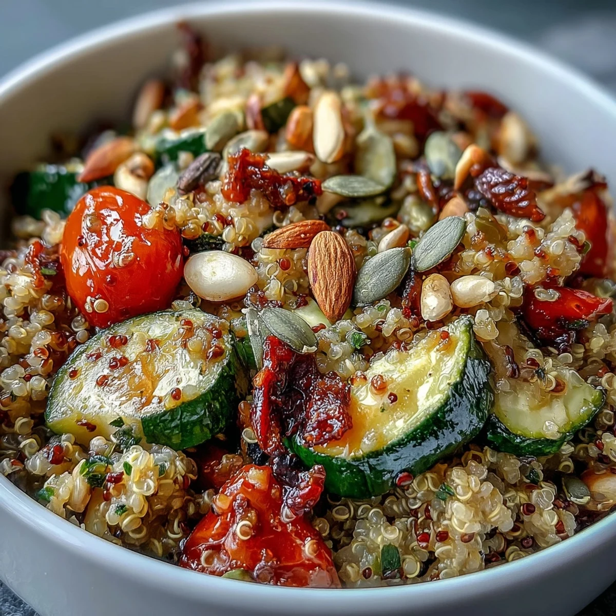 Un bol coloré de quinoa et légumes rôtis, garni d'haricots et d'amandes croquantes.