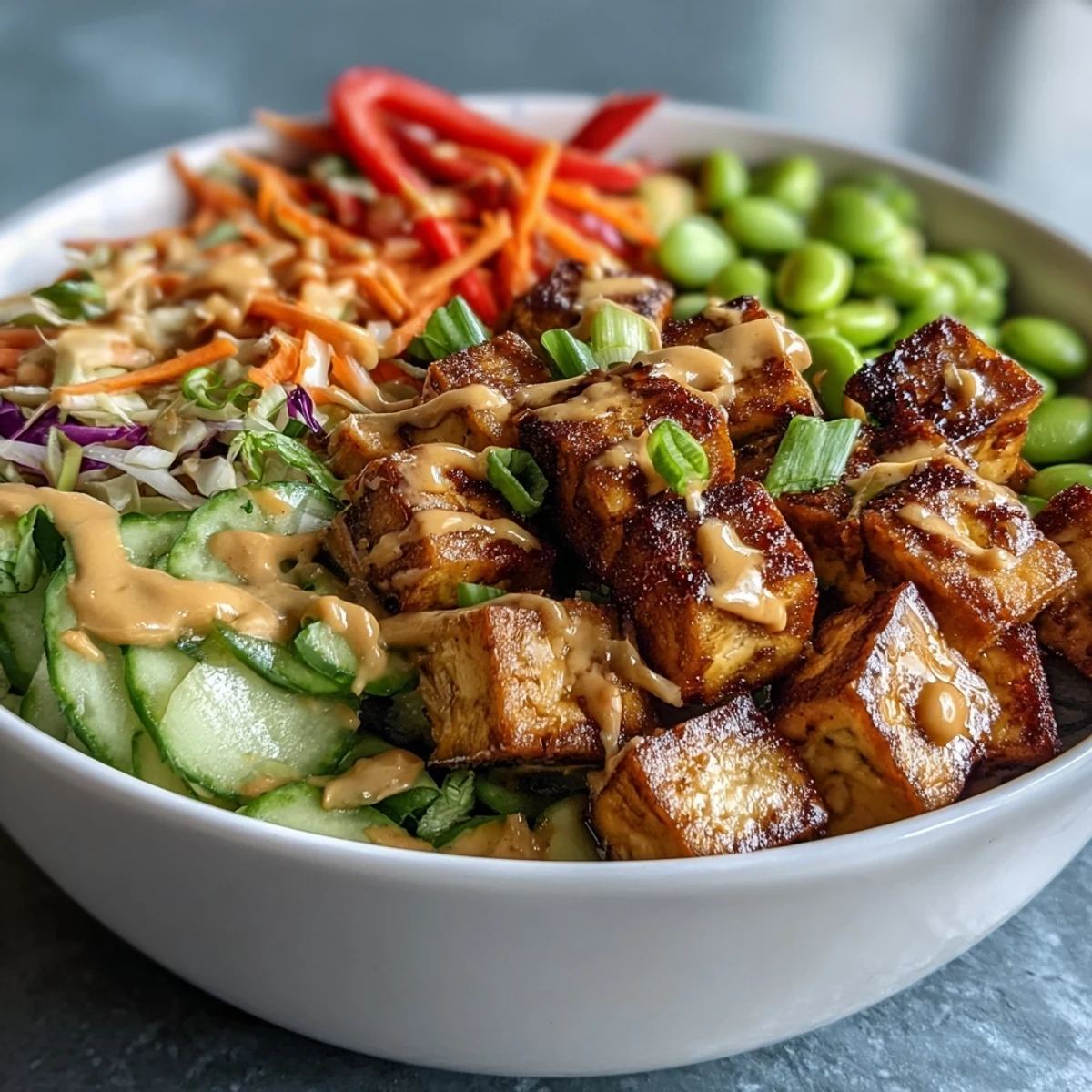 Délicieux bol de tofu aux arachides, un repas asiatique réconfortant, prêt à être dégusté.