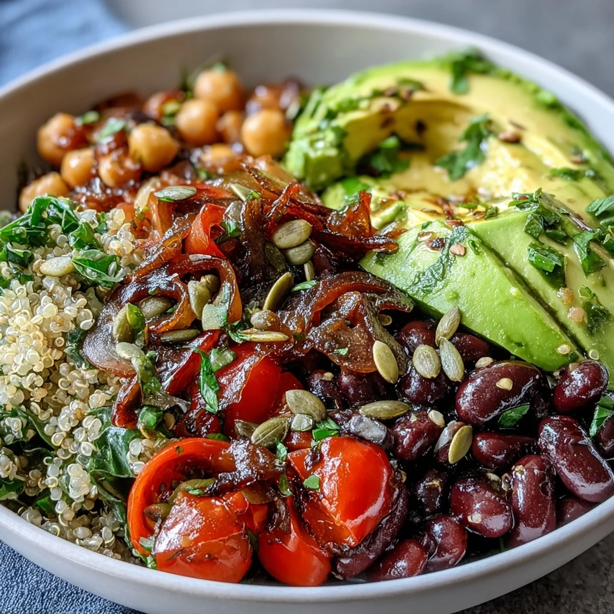 Notre Three-Bean Power Bowl déborde de protéines, arrosé d'une vinaigrette citronnée.