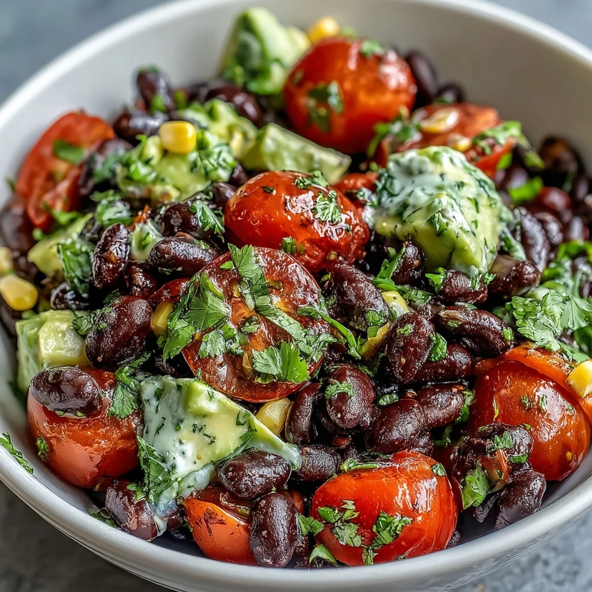 Riche bol de haricots noirs et légumes, garni d'avocat crémeux et de coriandre fraîche.