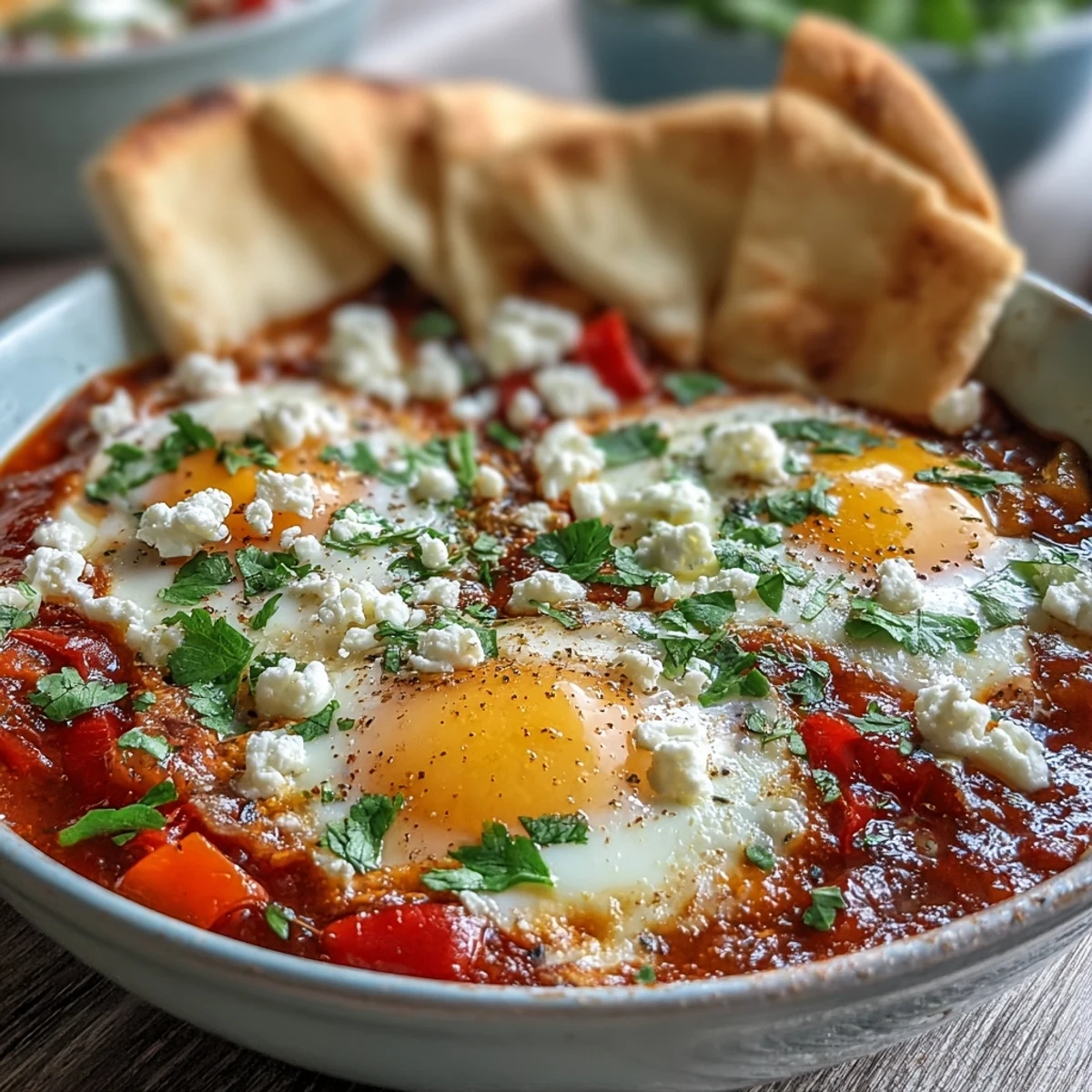 Plat de Shakshuka Bowl réconfortant avec jaunes d'œufs liquides, prêt à être dégusté.