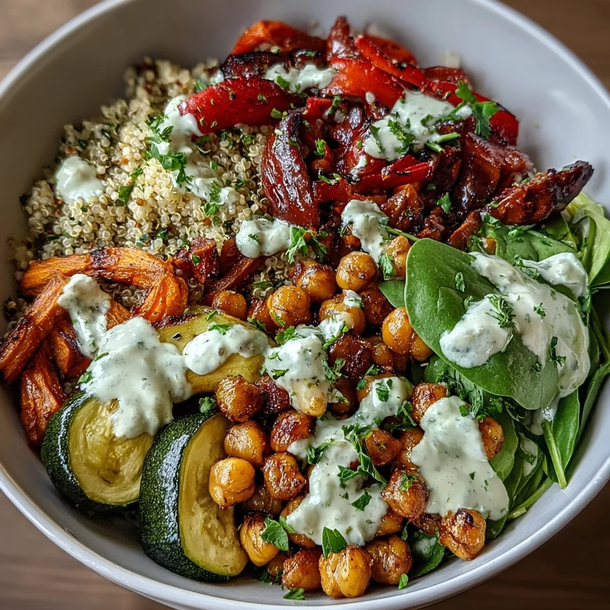 Plaisir d'un bol réconfortant de pois chiches rôtis, garni de légumes caramélisés.