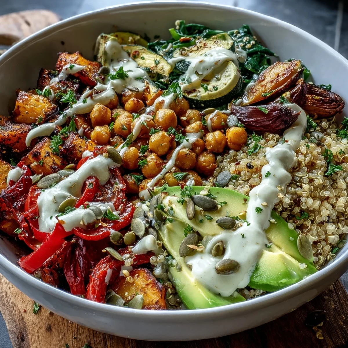 Bol vibrant de Chickpea Power Bowl avec quinoa, haricots et légumes rôtis, nappé de sauce tahini crémeuse