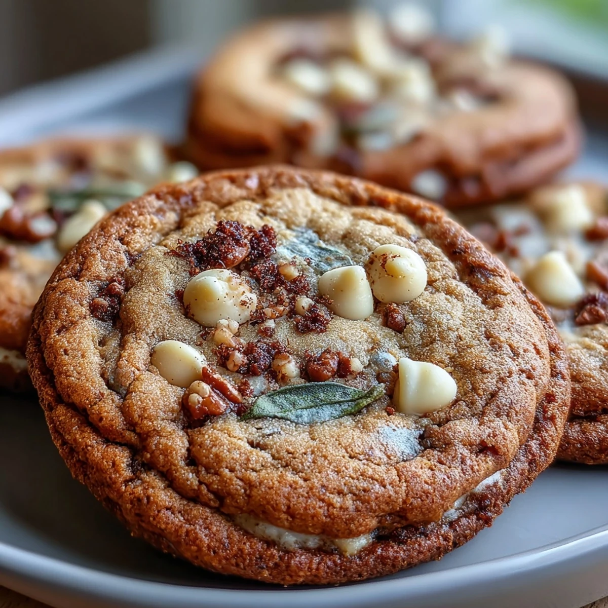 Crisp-edged Brown Butter Hojicha & Earl Grey cookies with melty white chocolate chips, dusted with sugar.