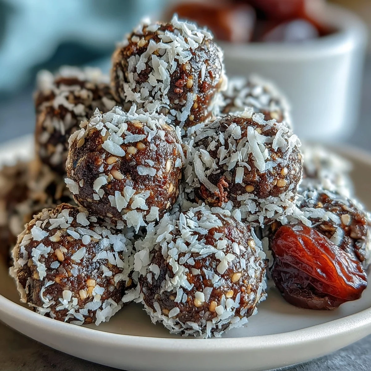 Mise en scène de boules énergétiques Hojicha servies dans une coupe en céramique pour une pause café.