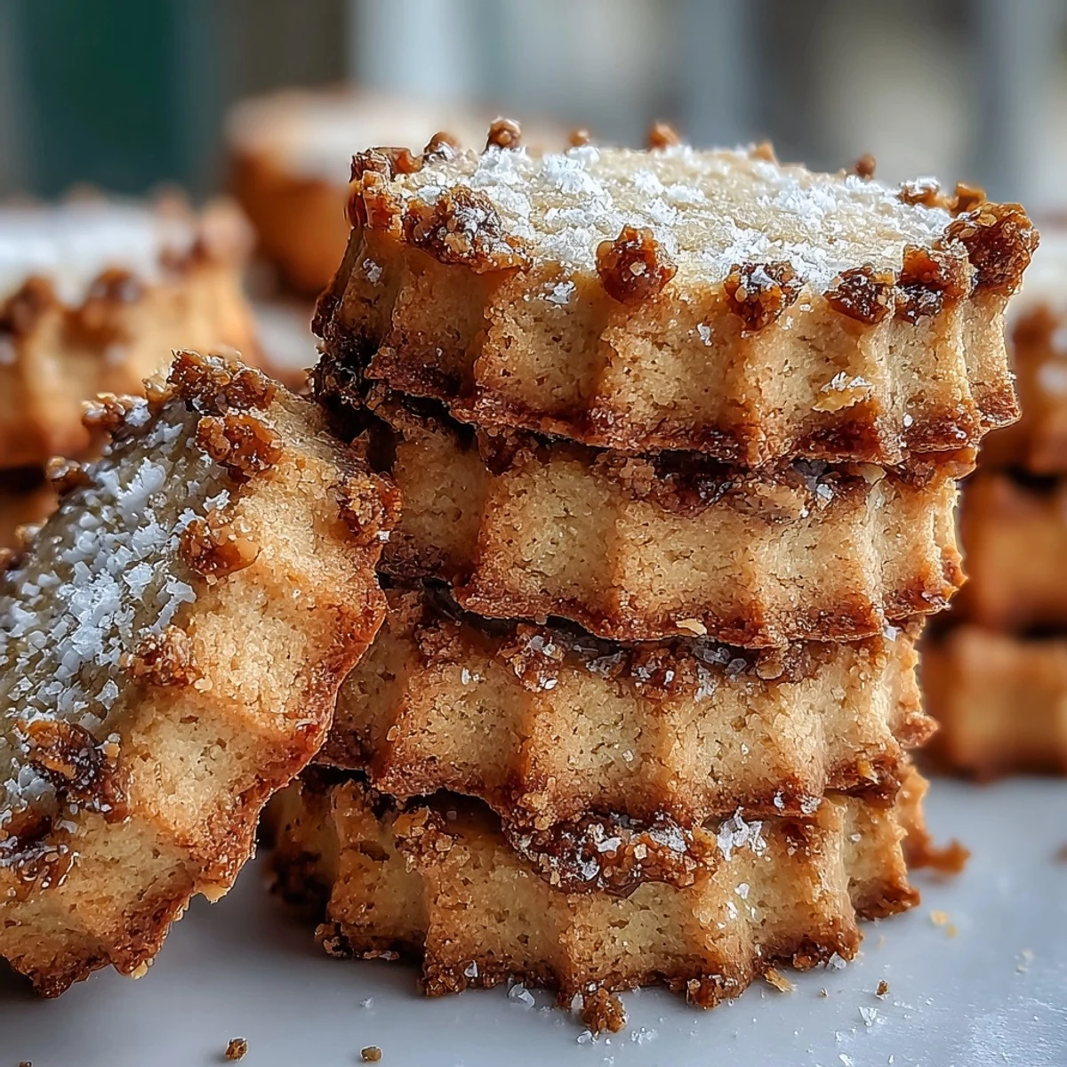 Fines tranches de Hojicha Shortbread au beurre cuites jusqu'à un bord doré et une texture fondante.