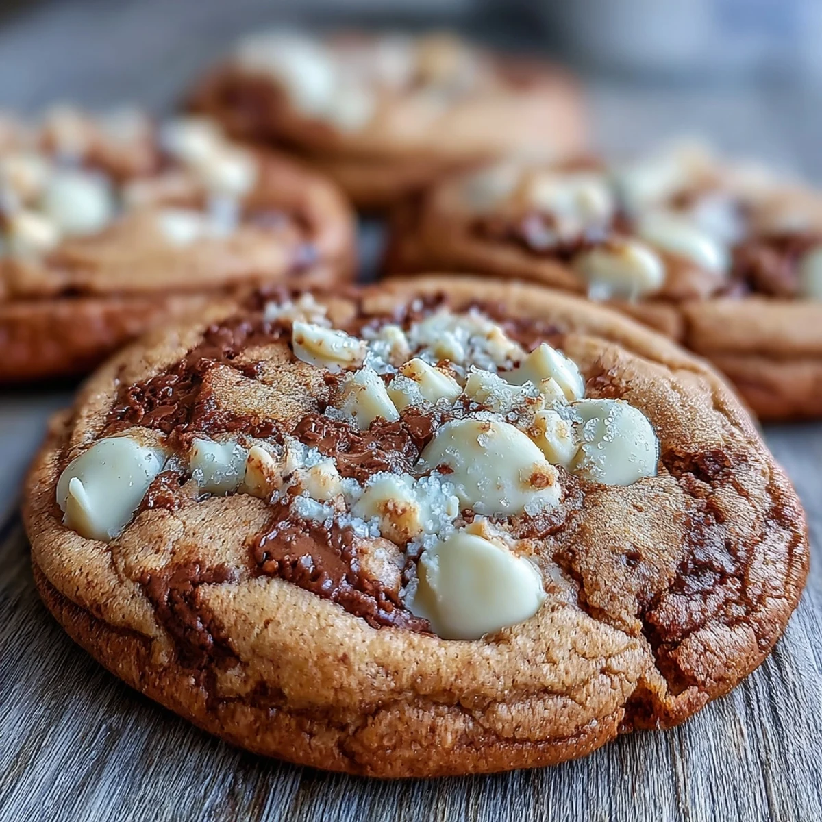 Frosted Hojicha White Chocolate Cookies with cracked edges, creamy chips, and a warm cup of matcha latte nearby.