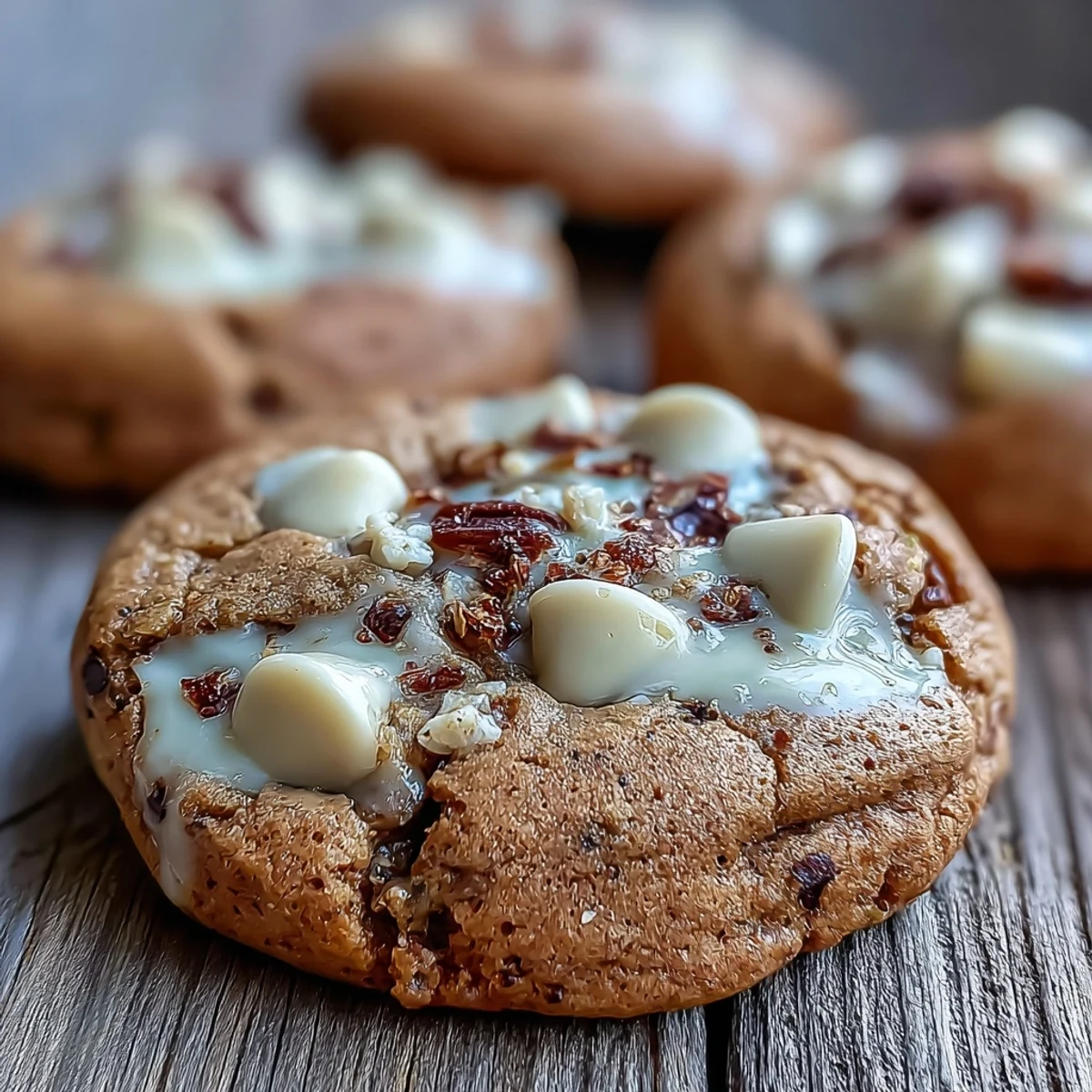 Stack of Hojicha White Chocolate Cookies showing soft centers and melty white chips on a rustic wooden table.