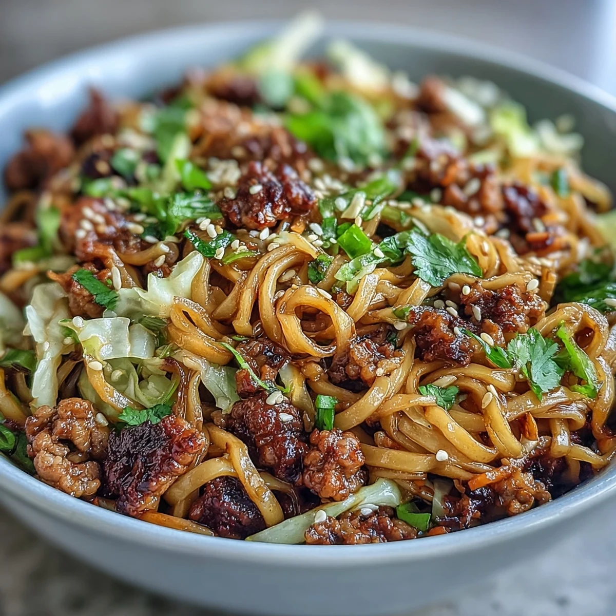 Assiette généreuse de Potsticker Noodle Bowls, sauce soya savoureuse, herbes fraîches et graines de sésame toastées.