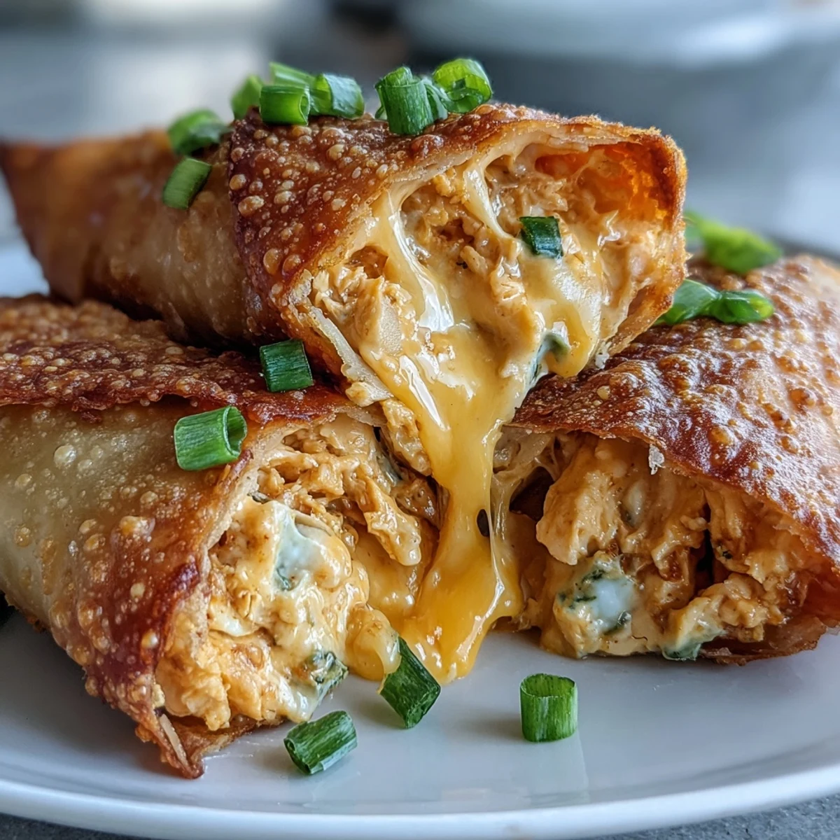 Golden brown Buffalo Chicken Dip Egg Rolls resting on a white plate with fresh green onions.