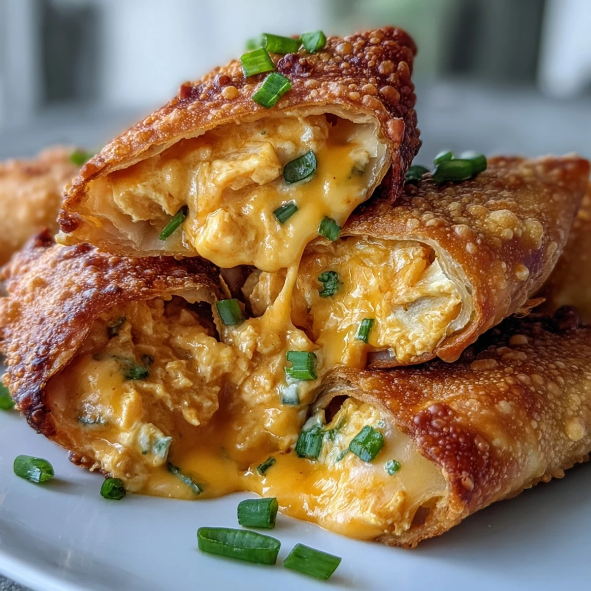 Two halves of Buffalo Chicken Dip Egg Rolls revealing the melty, spicy filling on a platter.