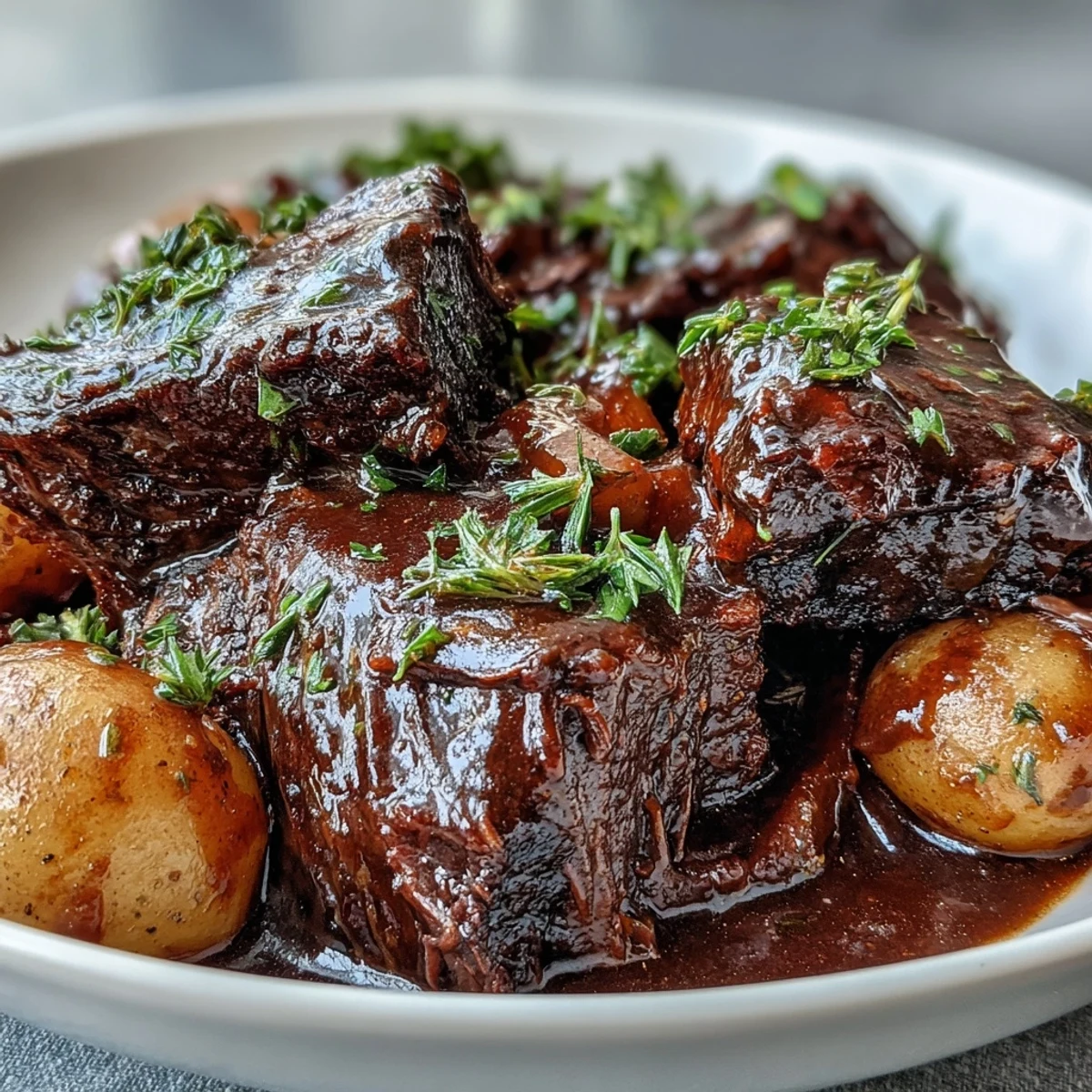 Tender beef pot roast with carrots, celery, and potatoes in rich red wine gravy, served on a platter.