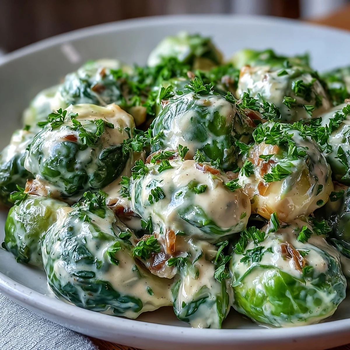 Des Brussels sprouts croustillants nappés d'une sauce crémeuse à la crème et à la moutarde, servis chauds pour un dîner réconfortant.