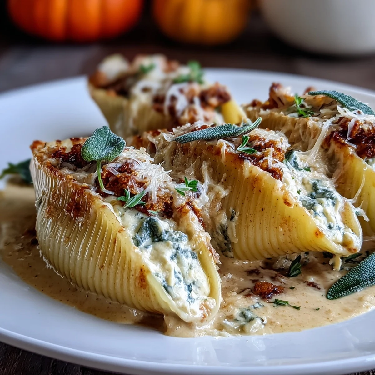 Pumpkin & Gouda Stuffed Shells with Brown Butter & Sage Alfredo Sauce, baked golden bubbly with aromatique sage garnish on a dinner plate.