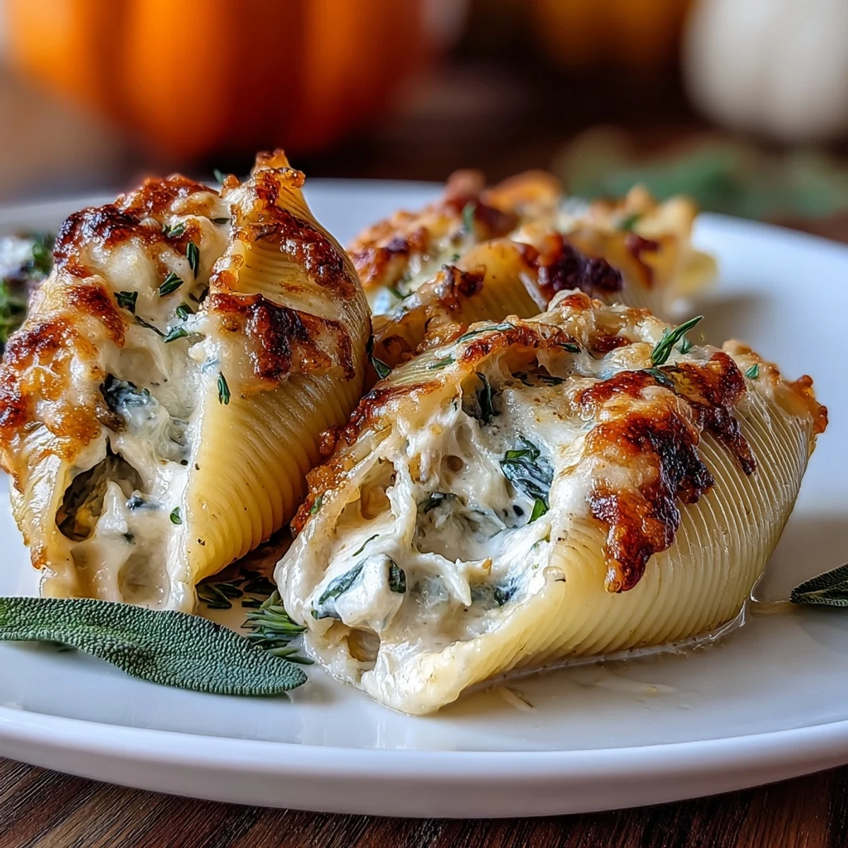 Savory Pumpkin & Gouda Stuffed Shells with Brown Butter & Sage Alfredo Sauce served with crusty bread and fresh salad for a cozy meal.