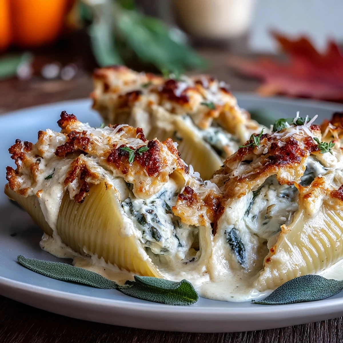 Golden baked Pumpkin & Gouda Stuffed Shells topped with crispy sage leaves and brown butter Alfredo sauce, steaming in a white ceramic dish.