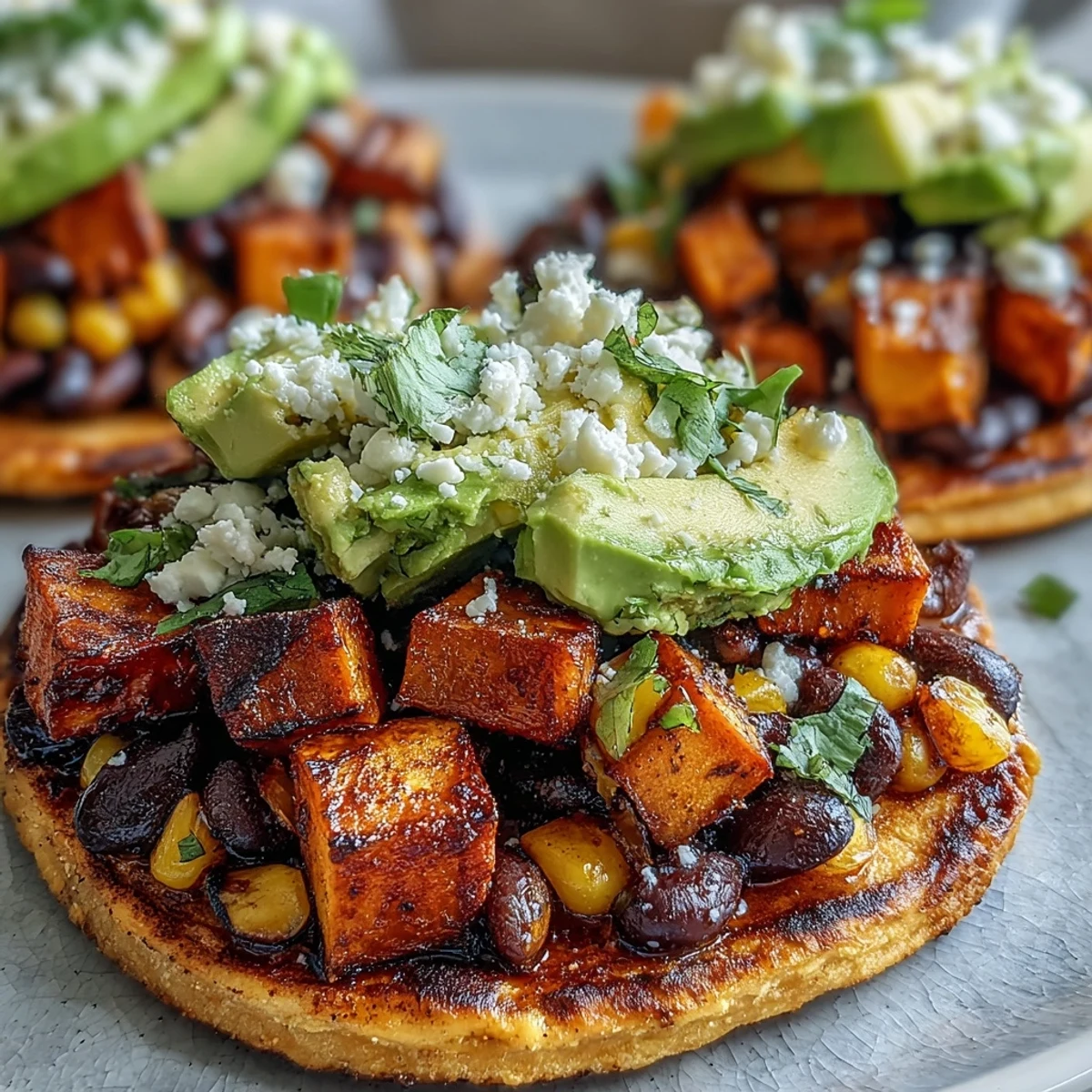 Des tostadas au black bean et patate douce garnies de maïs et d'avocat sur des coques croustillantes.