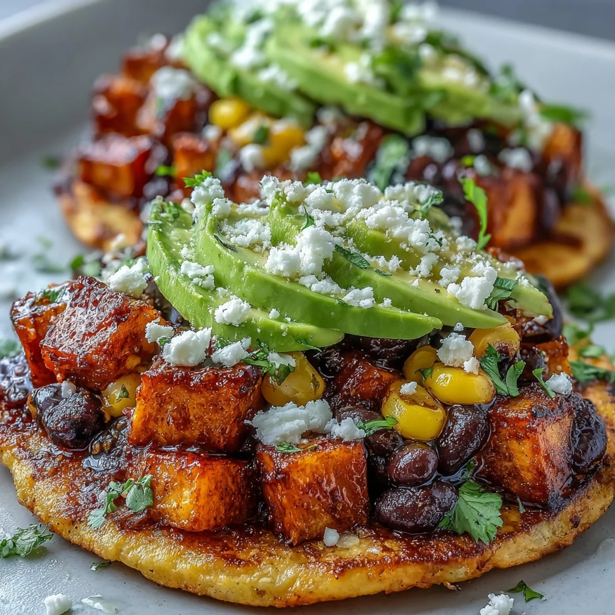 Des tostadas végétariennes au black bean et patate douce, garnies d'avocat frais et de coriandre.