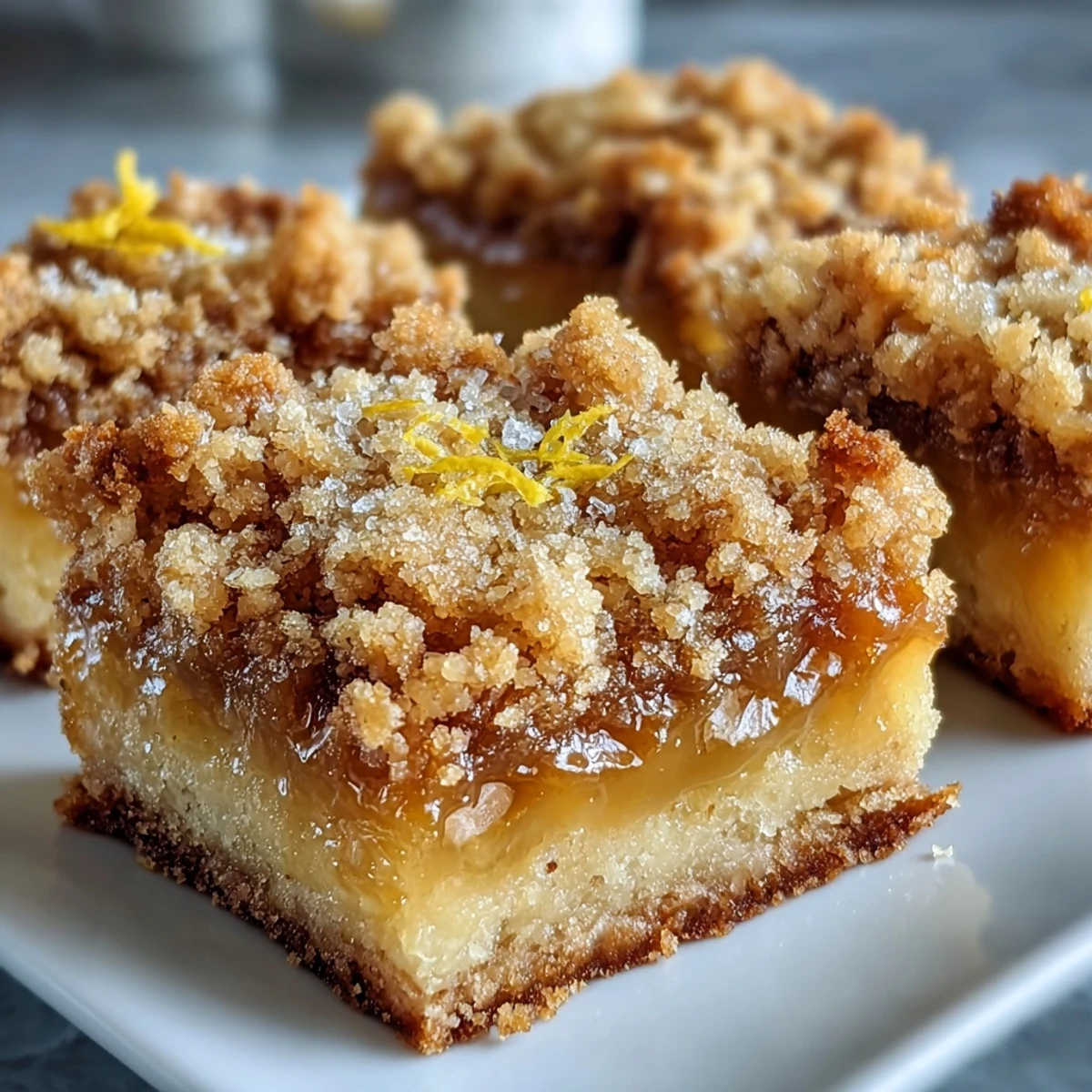 Homemade Lemon Crumb Bars arranged on a white ceramic platter, dusted with powdered sugar, ready to be enjoyed with a cup of tea.