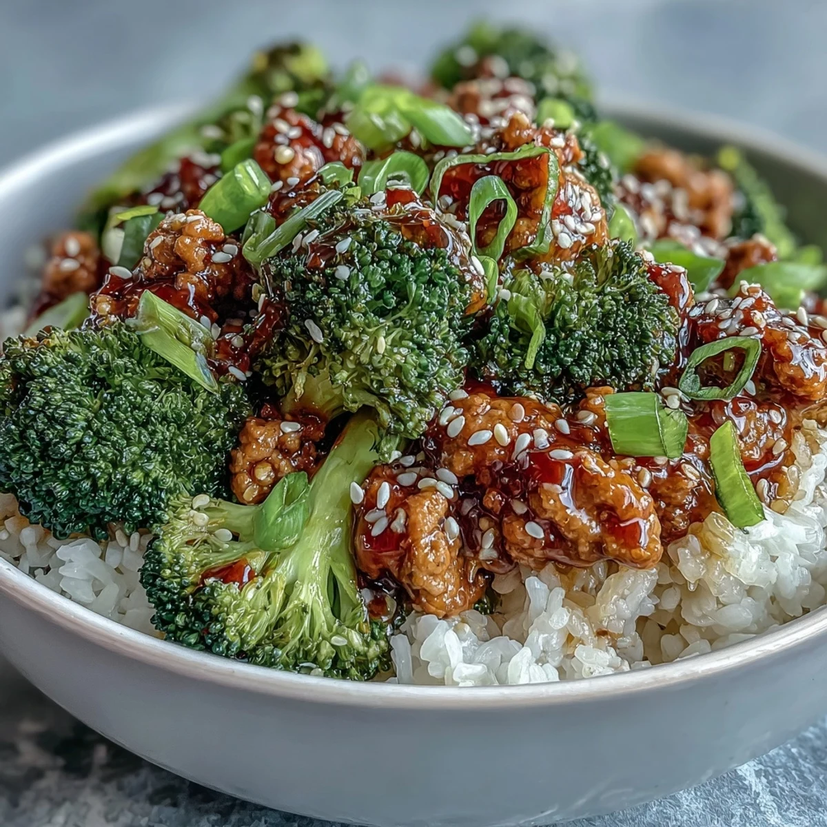 Dinde douce et piquante, brocolis vert vif sur riz brun parfumé à l'ail et au gingembre.