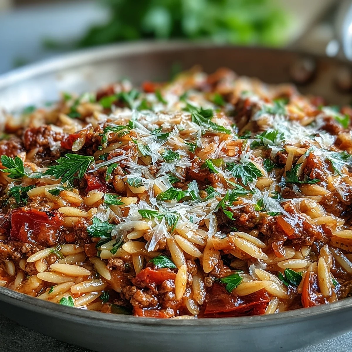 Fumée s’élevant d’un plat de Comforting Ground Beef Orzo Dinner, bœuf et poivrons mijotés dans un bouillon de tomate.