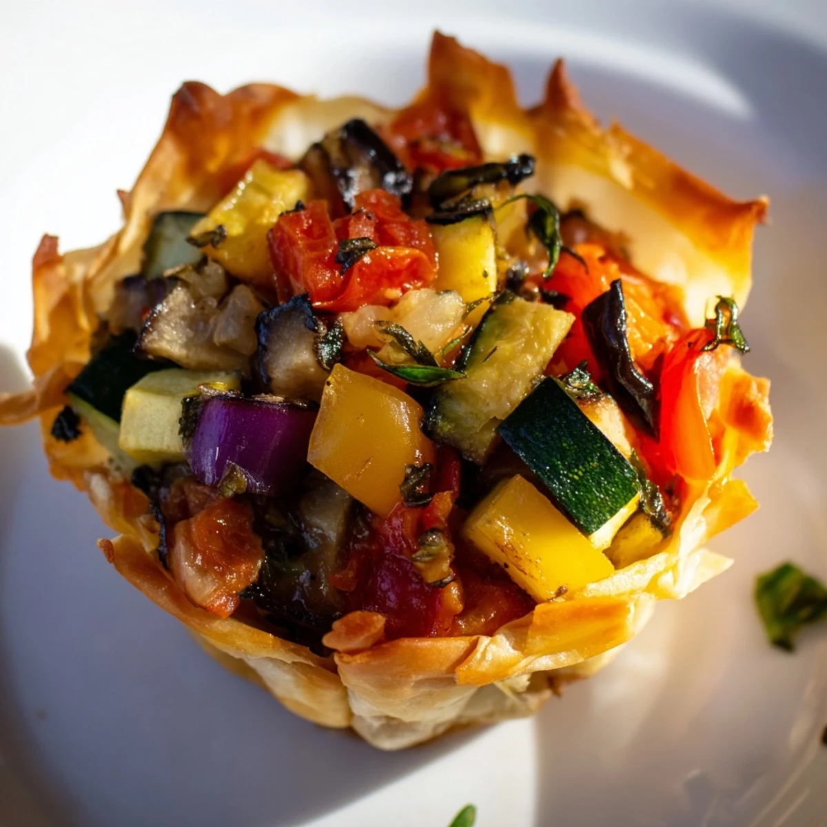 Tasses de ratatouille colorées avec légumes rôtis et croustillantes.  