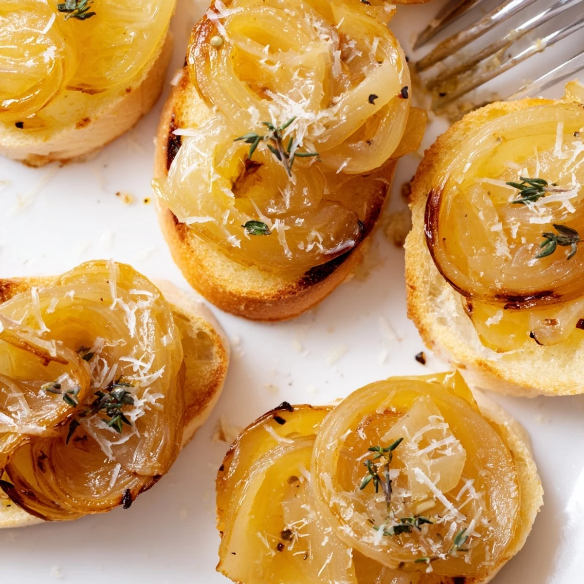 Bouchées de soupe à l'oignon parisienne sur baguette croquante, garnies de fromage fondu.  