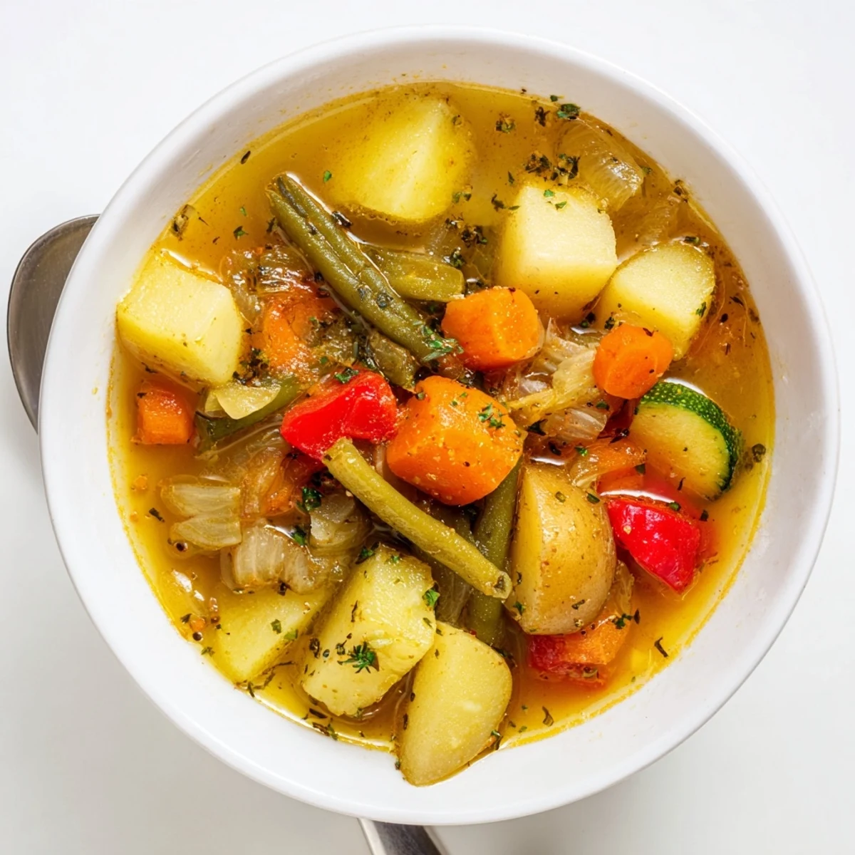 Soupe rustique aux légumes et à l'ail rôtissant, pleine de couleurs et de saveurs.