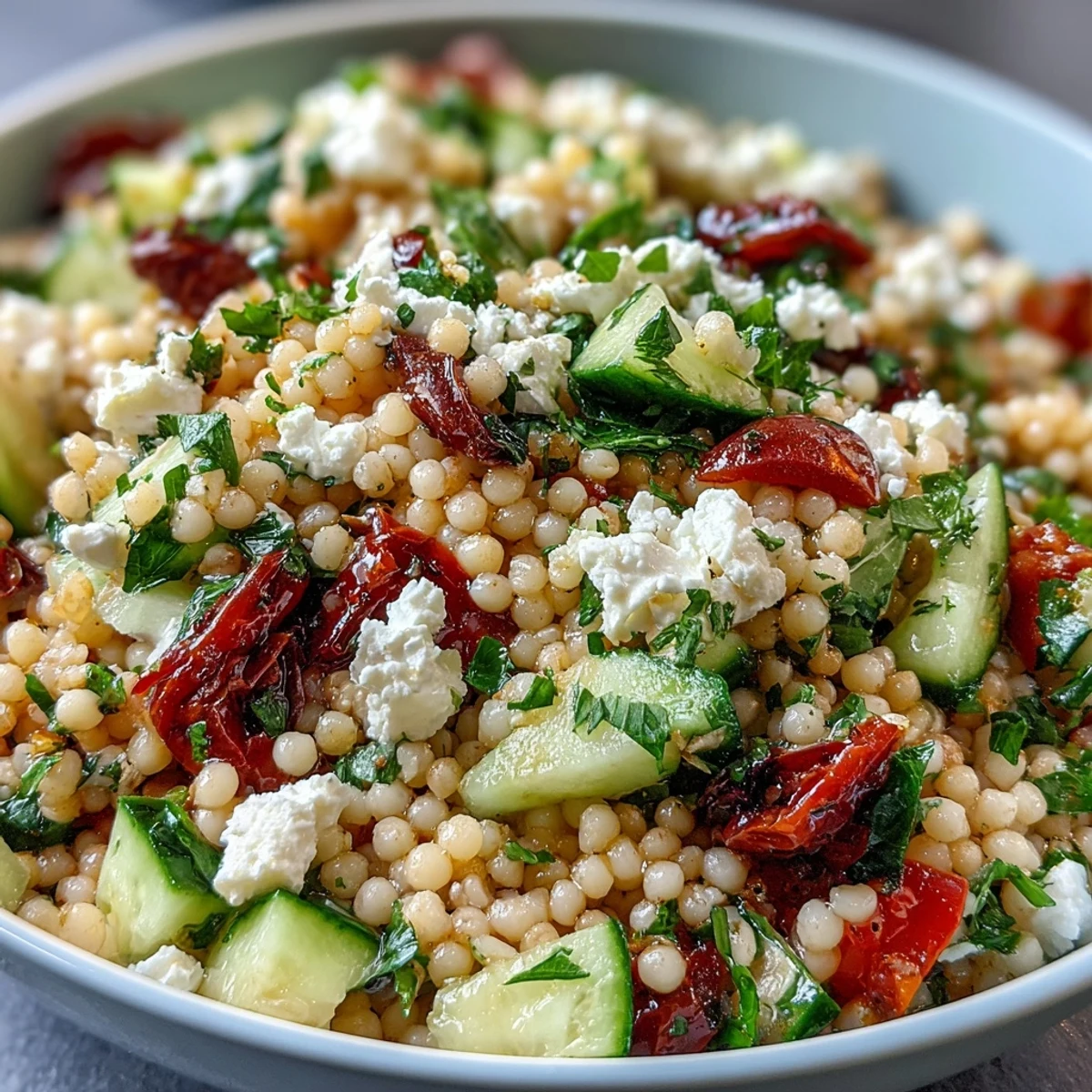 Mediterranean Pearl Couscous salad with feta, cucumbers, and tomatoes on a plate, drizzled with oregano vinaigrette.