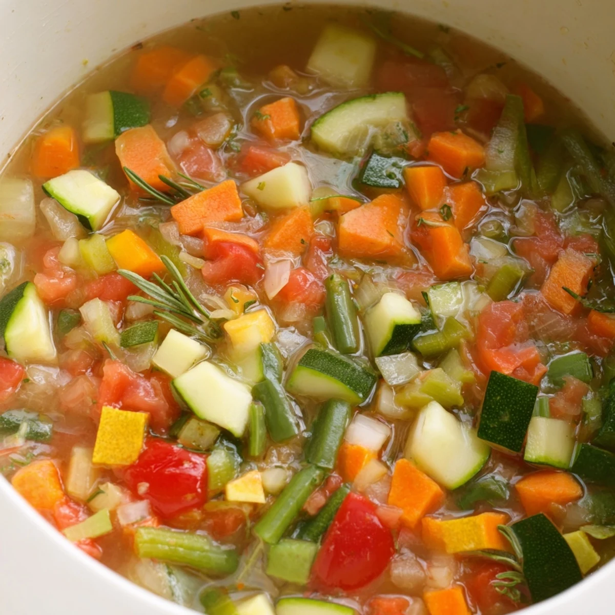 Savoureuse soupe provençale colorée remplie de légumes, parfaite avec du pain croûté.