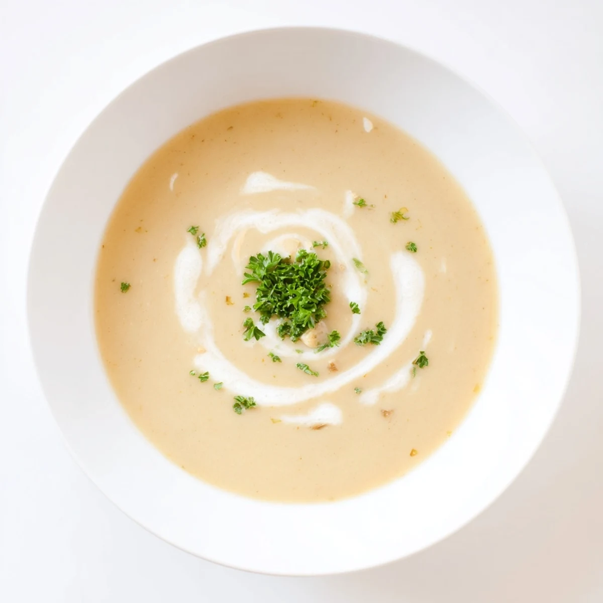 A bowl of creamy Chestnut and Rice Velouté Soup, garnished with fresh parsley, ready to eat.
