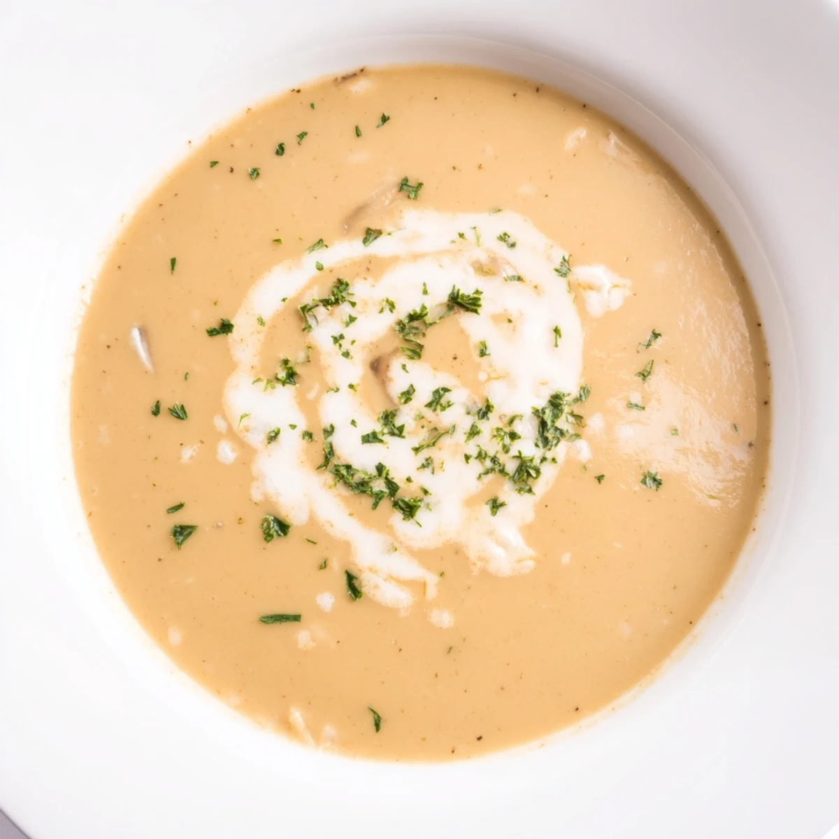 Close-up of the smooth Chestnut and Rice Velouté Soup, with visible flecks of herbs and cream.