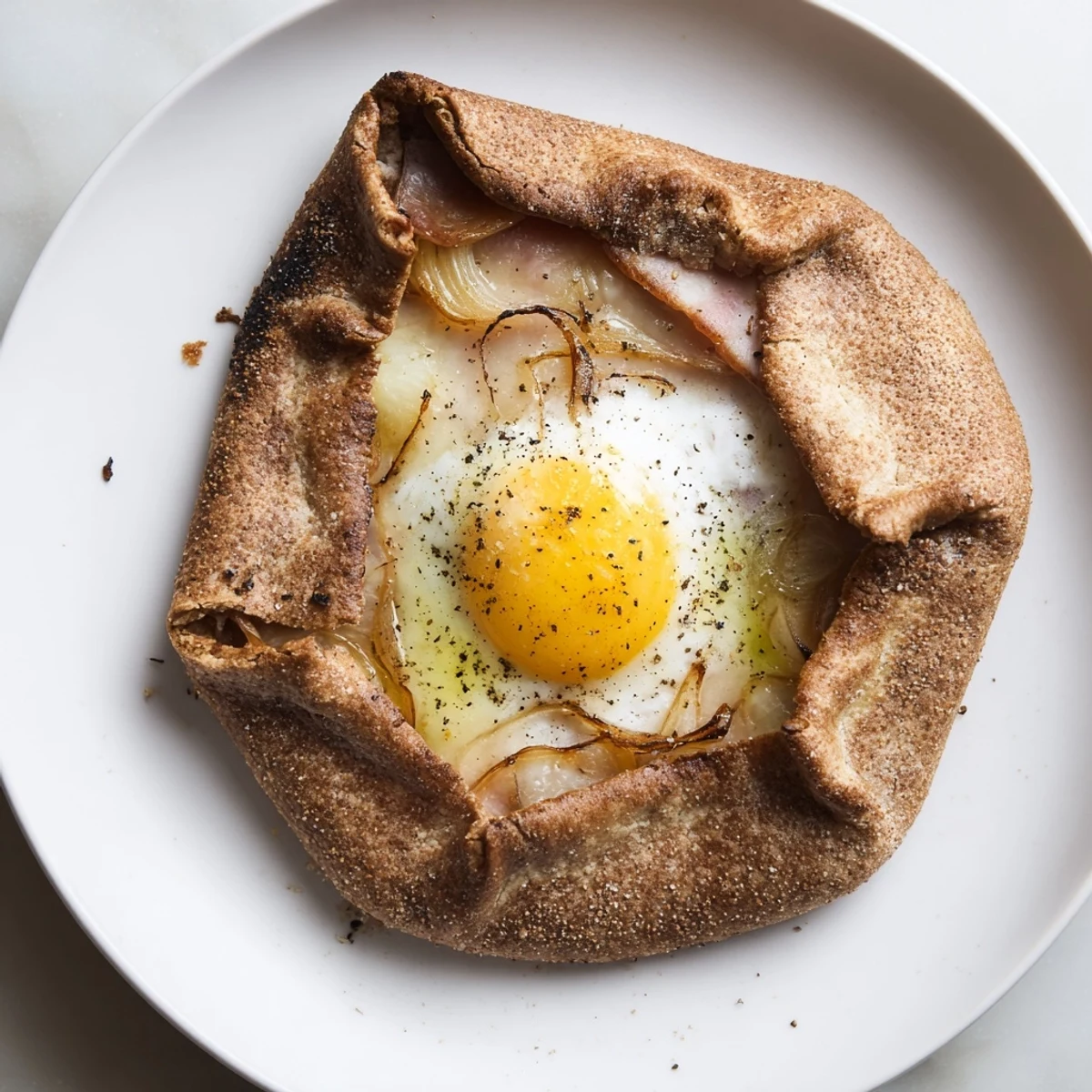 Golden Savory Galette Bretonne with caramelized shallots, ham, cheese, and a sunny egg center, ready to eat.