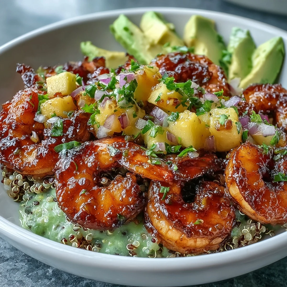 Sizzling grilled shrimp and creamy avocado bowls topped with fresh mango salsa and drizzled with lime chili sauce.